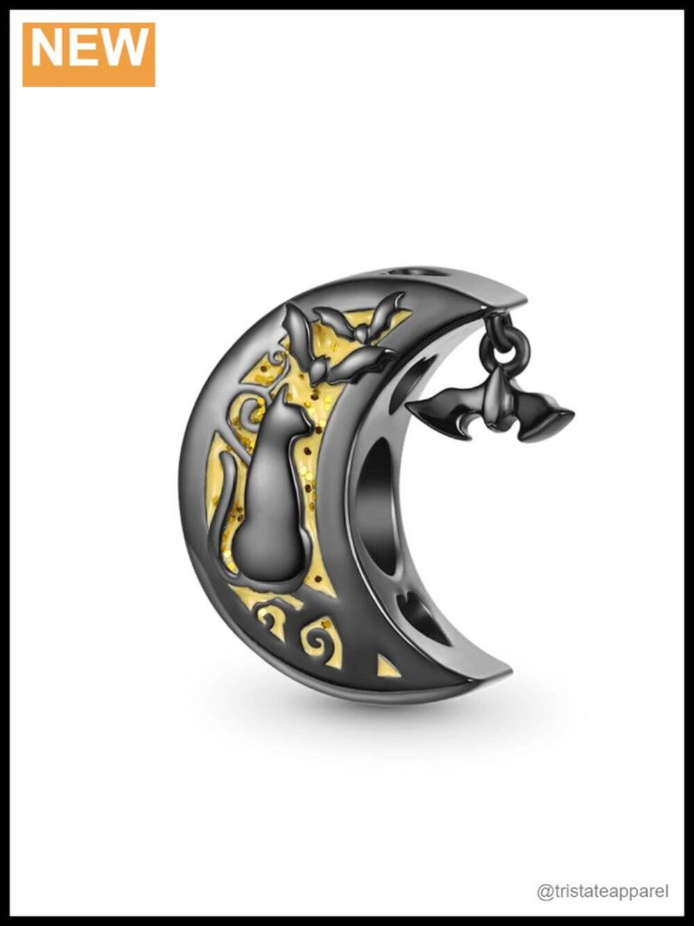 925 Sterling Silver Black Cat Moon Charm Fits Bracelet Necklace